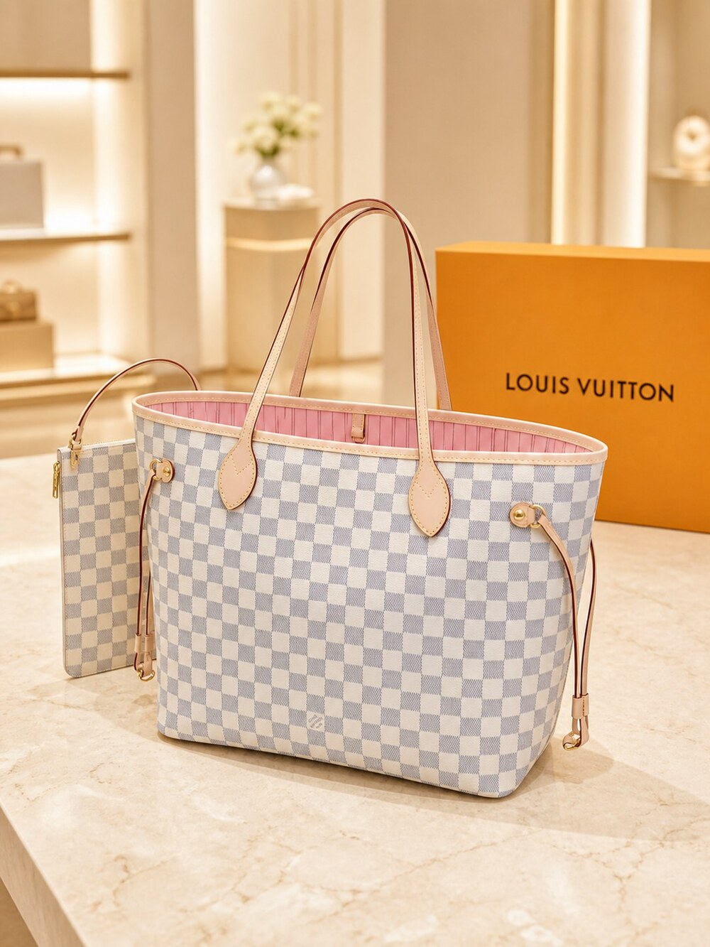 Louis Vuitton N41018 Damier Azur Canvas Tote | Neverfull Pink